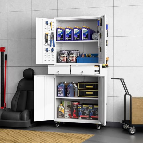73" H Metal Storage Cabinet with Wheels, Garage Storage Cabinet with 4 Adjustable Shelves and Lockable Doors for Garage Home Office Utility Room,Required Assembly,Black