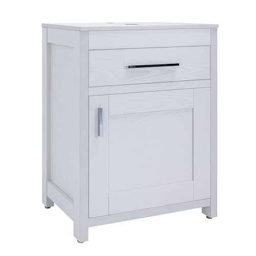 24 Inch Bathroom Vanity Sink Combo, Modern Pedestal Vanity Set, Sink Stand Under Sink Storage Cabinet Basin Vessel Sink with Chrome Faucet, Pop Up (WHITE WOOD 99B)