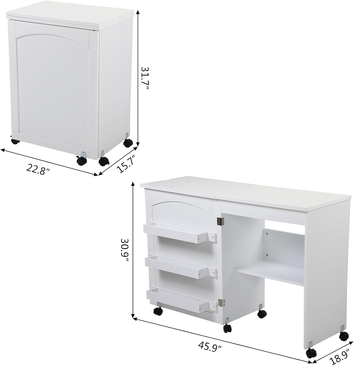Folding Sewing Craft Cart&Sewing Cabinet Miscellaneous Sewing Kit Art Desk with Storage Shelves and Lockable Casters, White