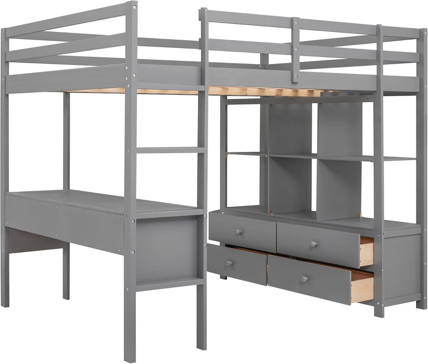 Harper & Bright Designs Full Size Loft Bed with Desk and 2 Drawers, Solid Wood Full Loft Bed with Storage Shelves and Drawers for Girls Boys Teens Adults,No Box Spring Needed,Grey