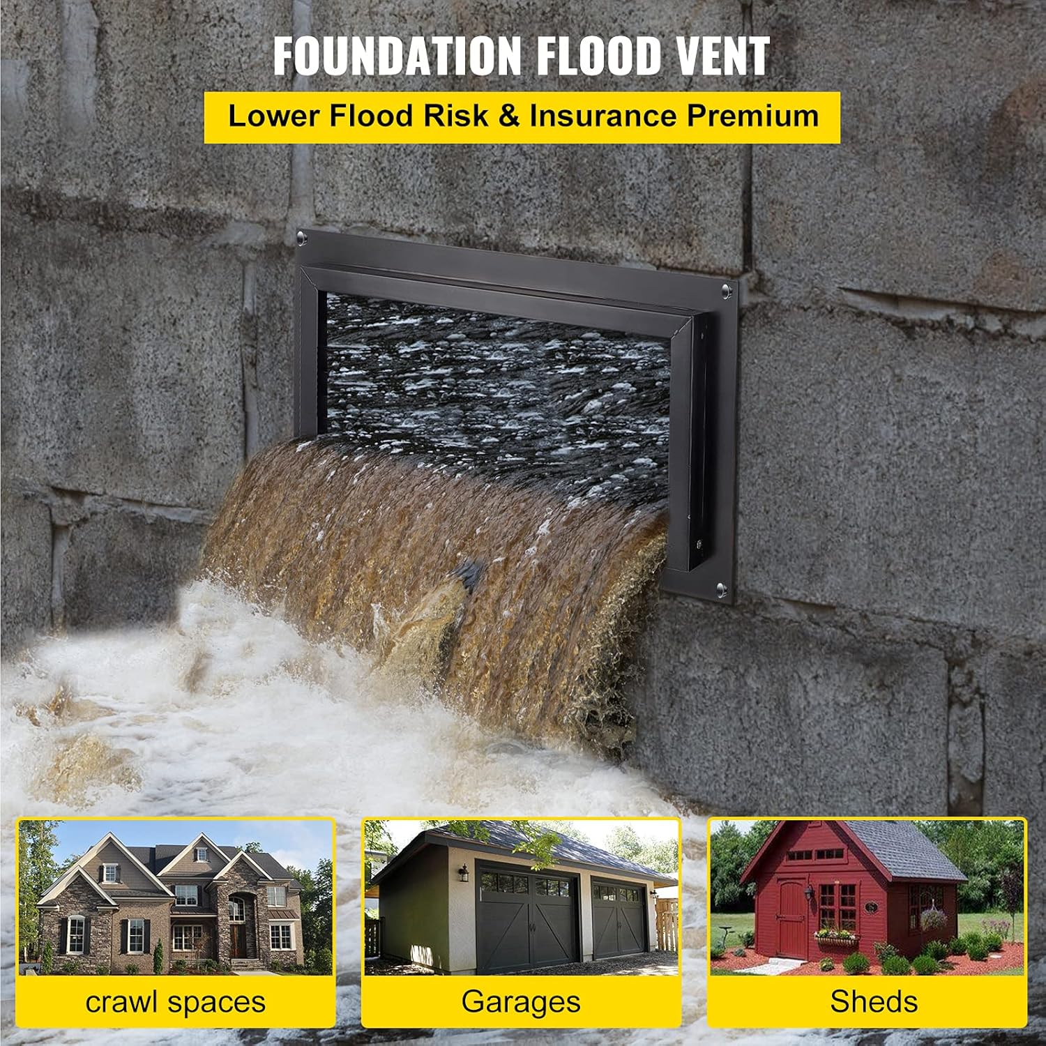 VEVOR Foundation Flood Vent, 8" Height x 16" Width Flood Vent, to Reduce Foundation Damage and Flood Risk, Black, Wall Mounted Flood Vent, for Garages & Full Height Enclosures