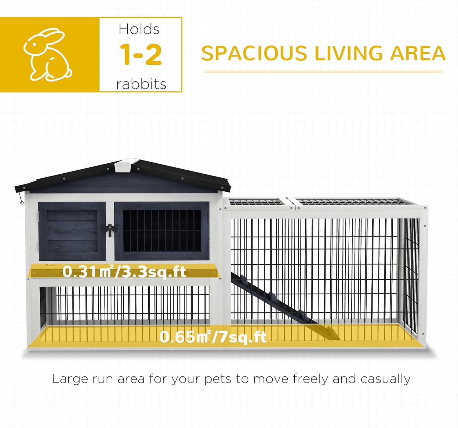 2 Levels Outdoor Rabbit Hutch with Openable Top, 59" Wooden Large Rabbit Cage with Run Weatherproof Roof, Removable Tray, Ramp, Dark Gray