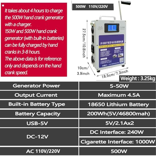 150W/500W Crank Generator, Camping Hand Crank Generator For Mobile Phone, Portable Power Station With Outlets Dc/Usb Supply,500W