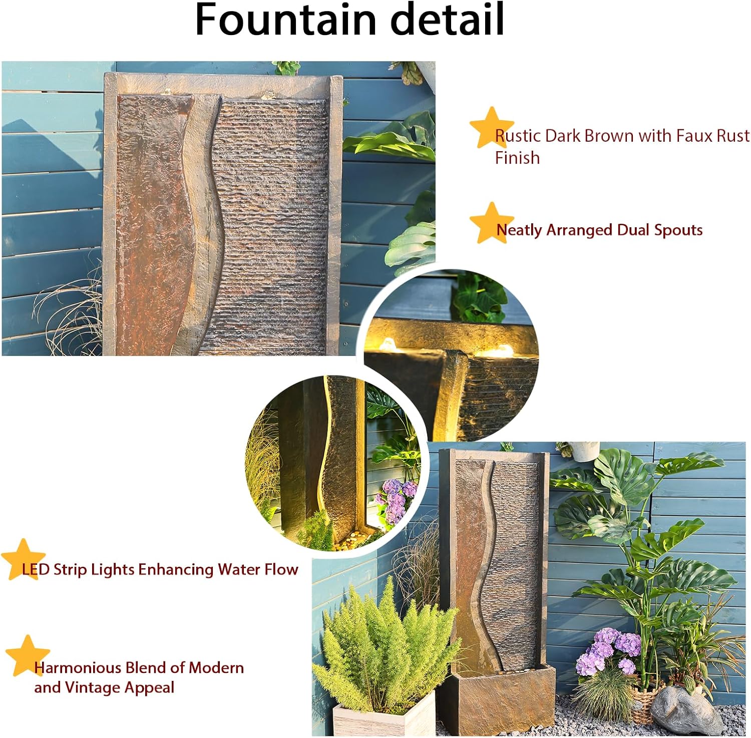 4.1ft Outdoor Water Fountain Garden Waterfall - Tall Modern Water Feature Fountains with LED Lights for Patio Yard Deck Porch Pool, Home Decor, (Rusty Dark Gray, 49 inch)