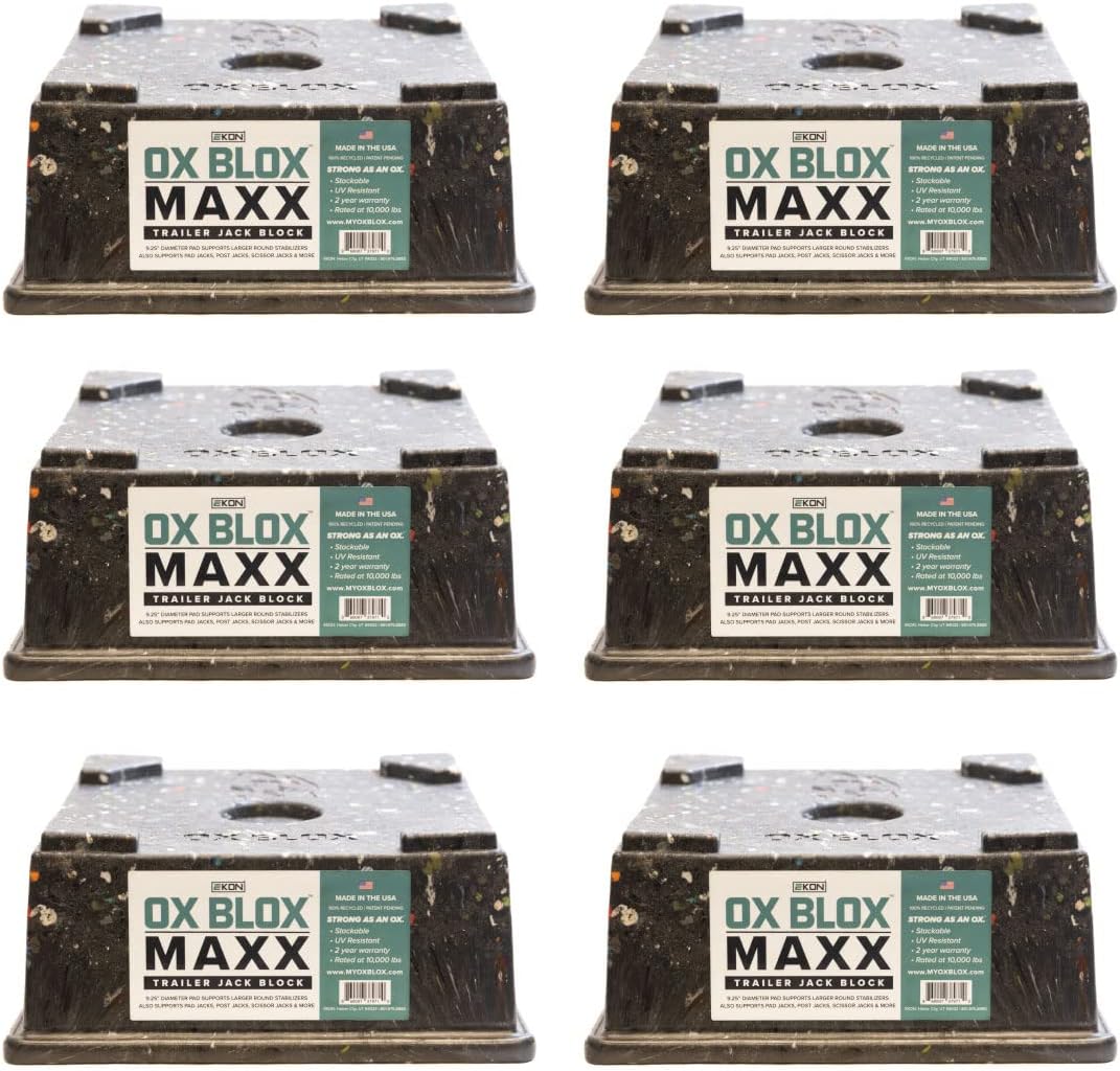 OX BLOX MAXX (6-Pack), RV Jack Block for 9 Round Feet | 5th Wheel Camper Blocks for Stabilizers and Tongue Jack | 9 and Smaller Jack feet nest securely Within ridges | 6 Blocks