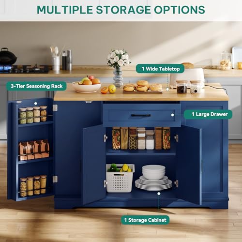 YITAHOME 50" Rolling Kitchen Island with Power Outlet & Drop Leaf, Mobile Storage Islands with Trash Can Cabinet, Microwave Rack Serving Cart on Wheels with Spice Rack, Retro White