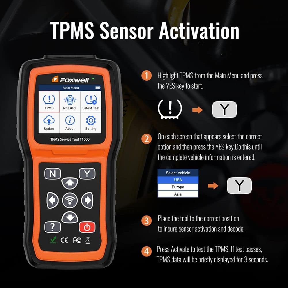 FOXWELL TPMS Sensor Relearn Tool T1000-TPMS Programming Tool with TPMS Sensor Activation, Tire Pressure Monitor System with TPMS Relearn/Activate All Sensors, Key Fob Testing, Lifetime Free Update