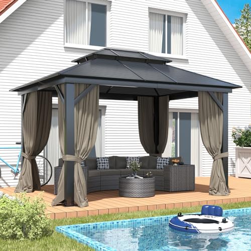Hardtop Gazebo 10x12FT,Heavy Duty Metal Pavilion with 4.92'' Square Pillar,Aluminum Wood Grain Outdoor Gazebos Double Roof,Patio Gazebo with Curtain & Netting for Backyard,Deck,Lawn