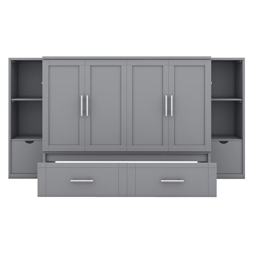 Modern Full Size Murphy Bed with Bookcase on Each Side, Solid Wood Mobile Murphy Chest Platform Bed with Drawers and USB Ports for Guest Room Home Office (White-F0)