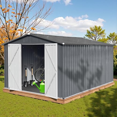 10' x 8' Large Outdoor Storage Shed, Sturdy Metal Building w/Windows & Lockable Doors for Garden, Backyard, Poolside and Lawn, Grey