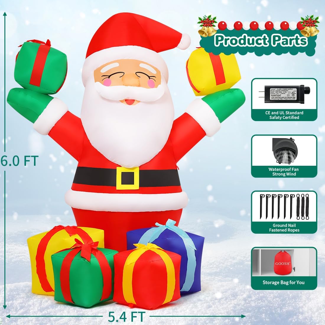 GOOSH 7 FT Christmas Inflatables Santa Claus in Sleigh and 6 FT Christmas Santa Inflatables Outdoor Decorations Smiling Santa Claus with Present Boxes