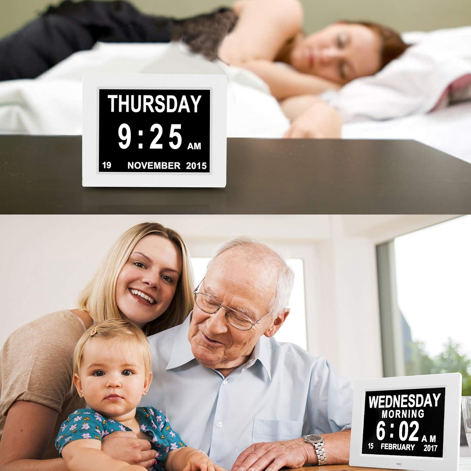 Digital Calendar Day Clock 8 Alarm Auto-Dimming Extra Large Display Day Date Time Clock for Seniors Elderly Dementia Vision Impaired Memory Loss