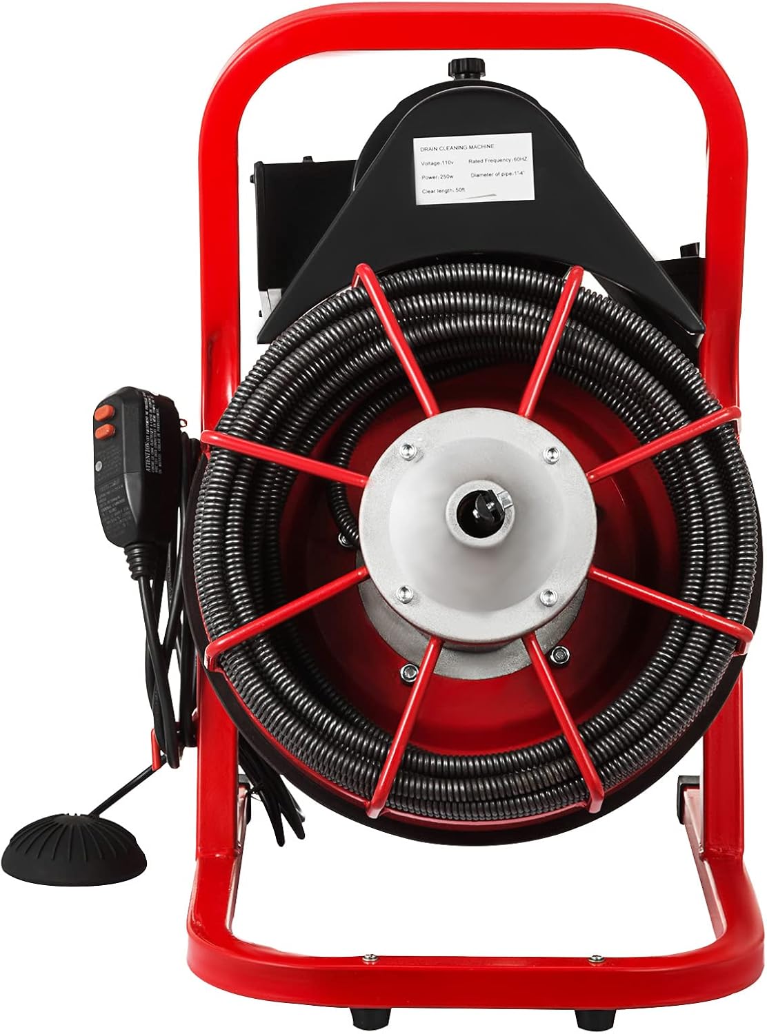VEVOR 50 Ft x 3/8 Inch Machine Fits 1 to 4 Inch Pipes Portable Drain Cleaner with 8 Auger Bits, Red + Black
