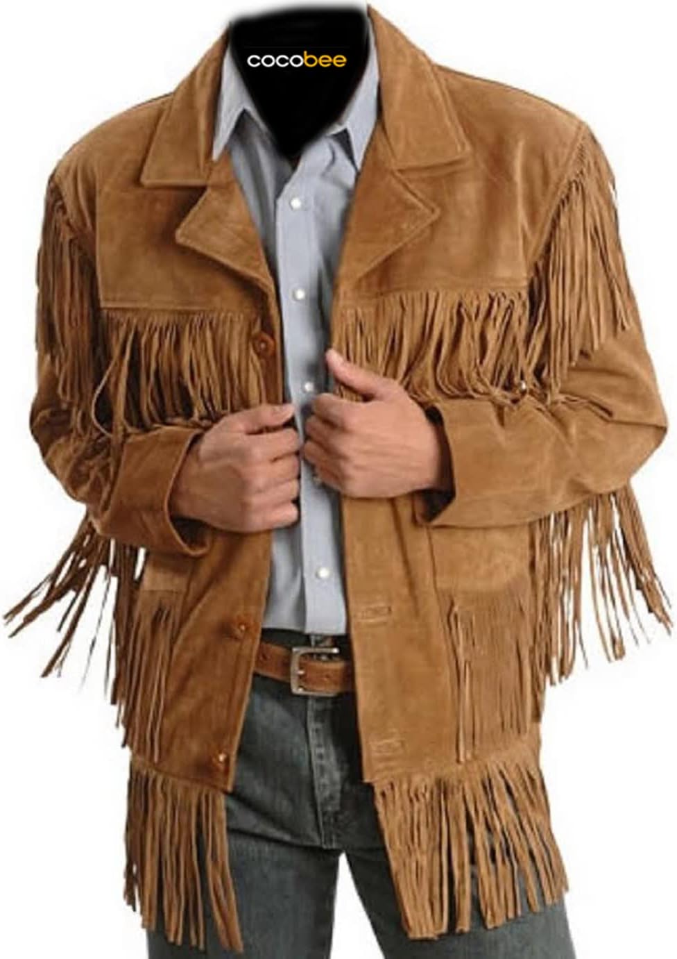 Men's Traditional Cowboy Western Leather Jacket Brown Coat with Fringe Native American Jacket Suede-L