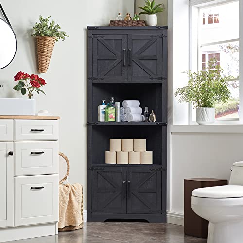 JXQTLINGMU Farmhouse Corner Cabinet, Tall Corner Bathroom Storage Cabinet with Barn Door Design & Adjustable Shelves, for Laundry Room, Living Room, kitchen,(Black)