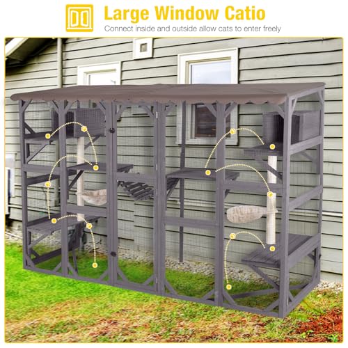 Aivituvin Catio Outdoor Cat Enclosure Window Large Cat Patio 3 Tiers with 6 Platforms and 2 Scratching Posts for Cats House 104" L