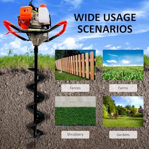 Post Hole Digger,72CC 2 Stroke Auger Post Hole Digger, Gas Powered Earth Digger 3 Auger Drill Bits(4"&8"&12'') and 2 Extension Rods for Farm Garden Plant (72cc Morden Digger)