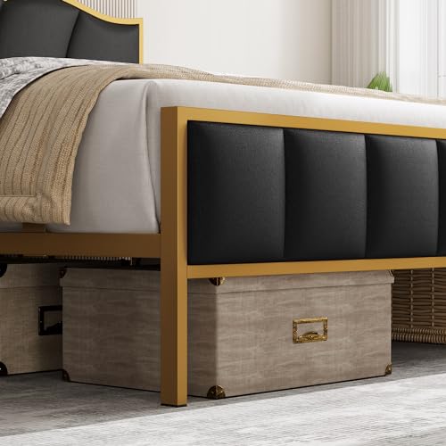 Bed Frame, King Bed Frame and Headboard, Platform Bed, Faux Leather, Metal Frame, Tufted Modern No Box Spring Needed, Strong Wooden Slats, Gold and Black