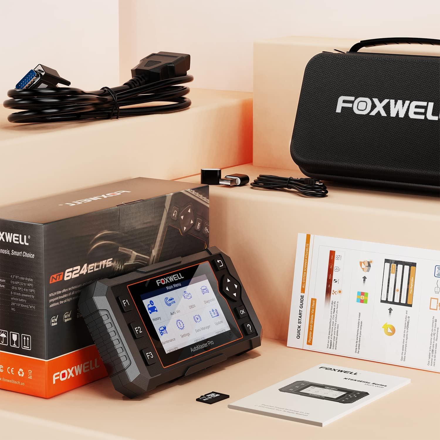 FOXWELL Car Scanner NT624 Elite All System OBD2 Scanner Diagnostic Tool 8 Reset Code Reader ABS/SAS/TPS/Oil/EPB/BRT Scanner for Car Lifetime Update Car Diagnostic Scanner with Battery Test