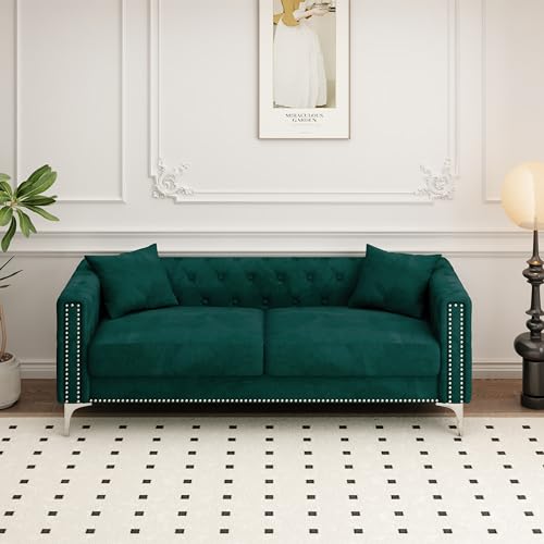 FANYE Velvet Upholstered 2 Pillows,Modern 3 Seaters Sofa Couch with Nailhead Decor and Metal Legs for Living Room, 83", Blue