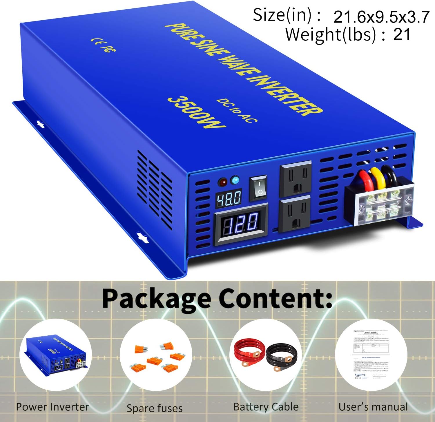 XYZ INVT Pure Sine Wave Inverter 4000 watt Power Inverter 48V to 110v 120V Surge 8000W Power Inverter for Truck RV Car Solar System. (4000W 48V)