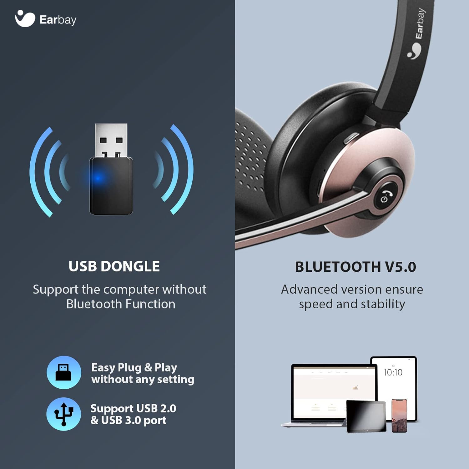 Bluetooth Headset with Microphone Noise Cancelling, Wireless Headset with Mic & USB Dongle, Dual Connect Office Headset, On-Ear Headphones Bluetooth 5.0, 28hrs Talk time for PC/Office/Zoom/Skype
