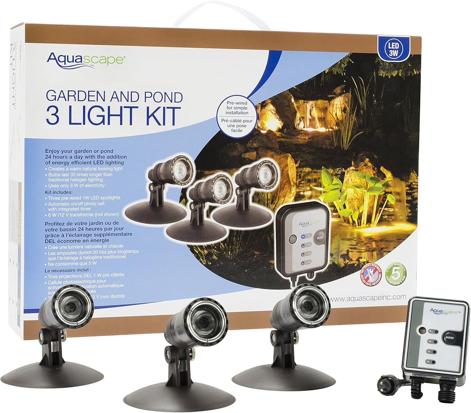 Aquascape 84030 Underwater Waterproof Submersible Natural Three-Light LED Spotlight Aquarium Lamp Kit for Fountain Fish Pond, Water Garden, and Landscape Features, 1-Watt Lights
