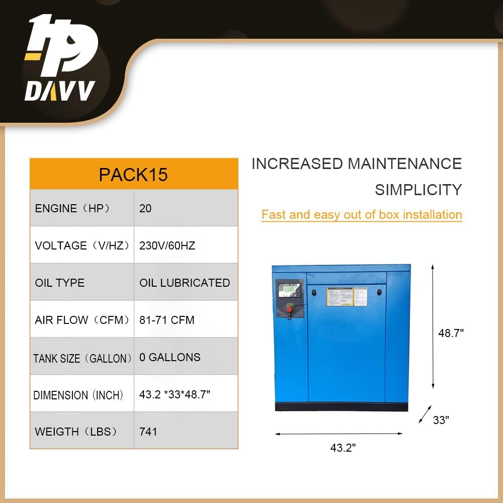 208-230Volt 3-Phase Rotary Screw Air Compressor 20HP 15KW - 71CFM @ 125PSI - NPT3/4" Base Mount Commercial Air Compressed Industrial Stationary Compressors System Spin-on Air Oil Separator - PACK15