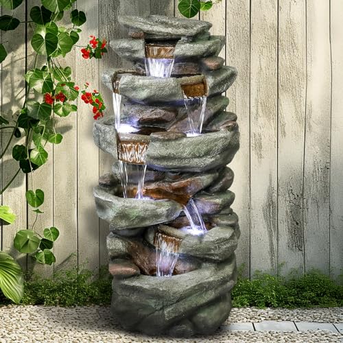 SunJet 40" High 6-Tiers Cascading Rock Outdoor Water Fountain with LED Lights - Large Outdoor Fountains and Waterfalls for Garden or Patio, Yard, and Deck Decor, Featuring Natural Stone Look