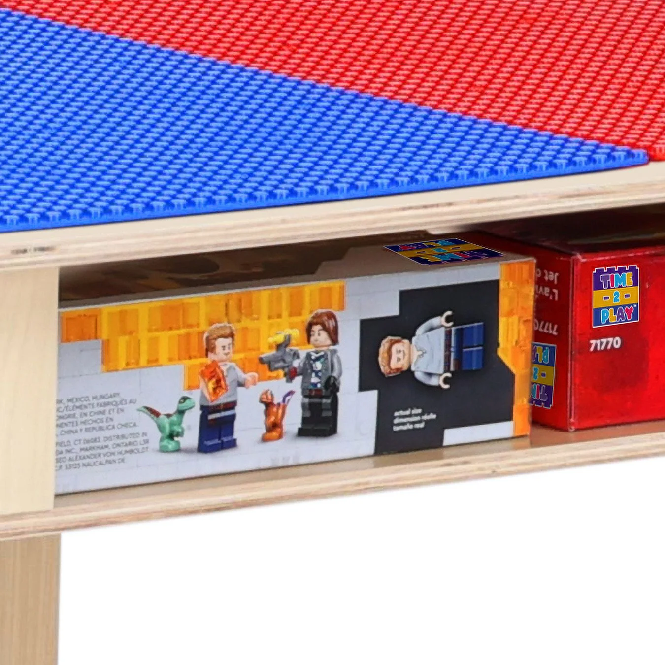Time-2-Play Montessori Wooden Table, Red N Blue Lego Compatible Blocks Play Table, Activity Desk for Kids Playroom School
