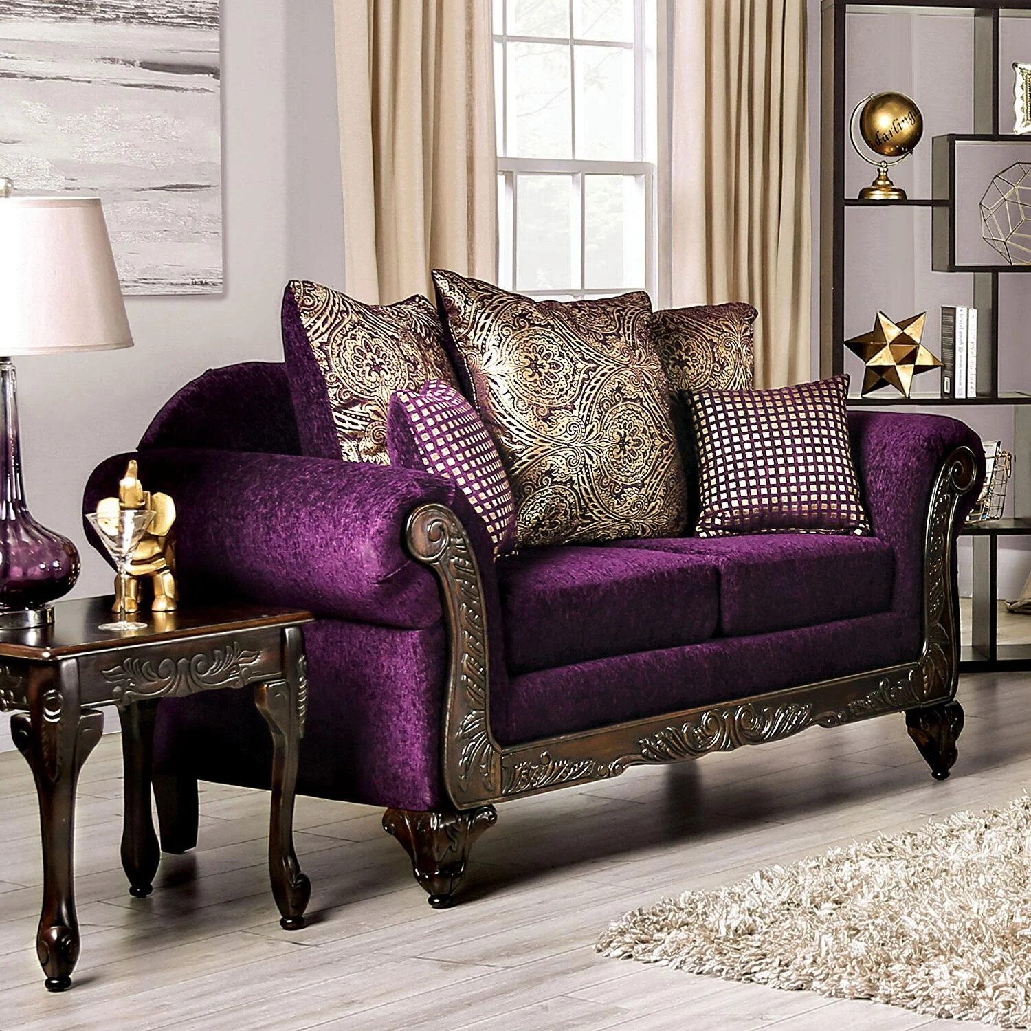 Traditional Purple Chenille Sofa and Loveseat FOA Casilda