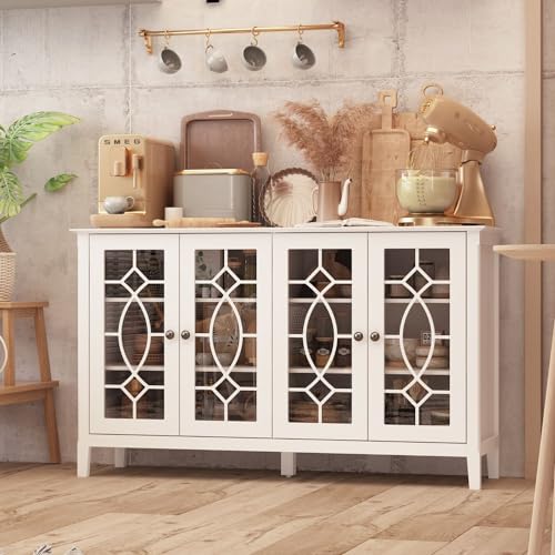 MOUMON Sideboard Storage Cabinet with Glass Doors and Adjustable Shelves, Credenza Sideboard Buffet with Wooden Legs, Buffet Table for Living Room Kitchen Black (53.9”W x 15.7”D x 31.8”H)