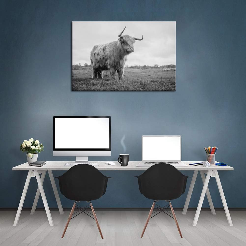 Artsbay Black and White Animal Canvas Wall Art Highland Cow Pictures Wall Decor Long Horn Cattle Wall Painting Prints Contemporary Artwork for Office Bedroom Framed