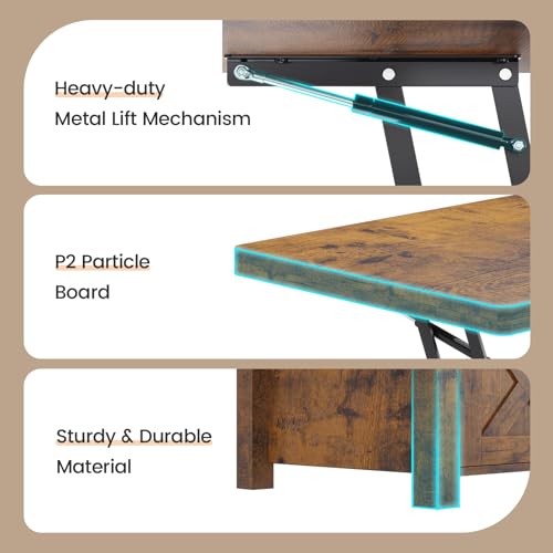 SEDETA Lift Top Coffee Table, 4 in 1 Multi-Function Convertible Coffee Tables with Storage and Hidden Compartment, Farmhouse Coffee Table Converts to Dining Table for Living Room, Grey