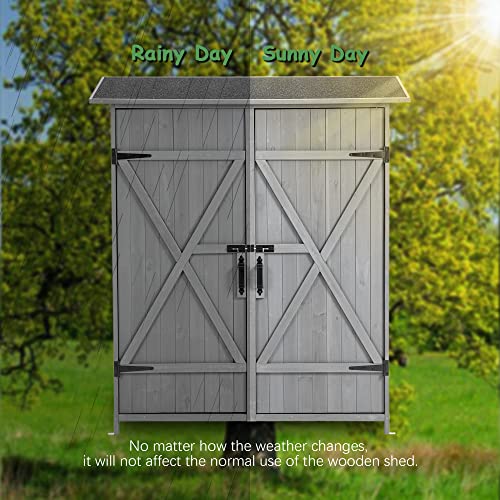 Outdoor Storage Cabinet, Outside Wood Shed with Waterproof Roof & Detachable Shelves & Double Locks, Vertical Tool Storage Box for Patio, Garden, Backyard, Brown