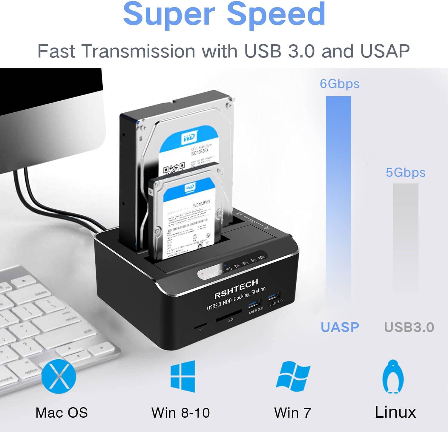 Hard Drive Docking Station RSHTECH USB 3.0 Aluminum Dual Bay Hard Drive Dock for 2.5 & 3.5 SATA HDD SSD with SD TF Card Reader and Offline Clone/Duplicator Function Support 16TB Tool-Free Pack of 2