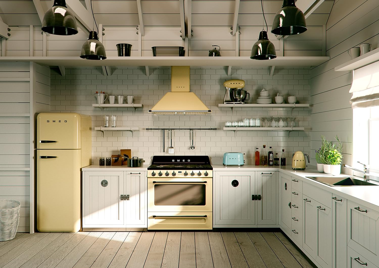 Smeg KT90PU 36" Wall Mount Chimney Range Hood with 600 CFM and 4 Fan Speeds, Cream