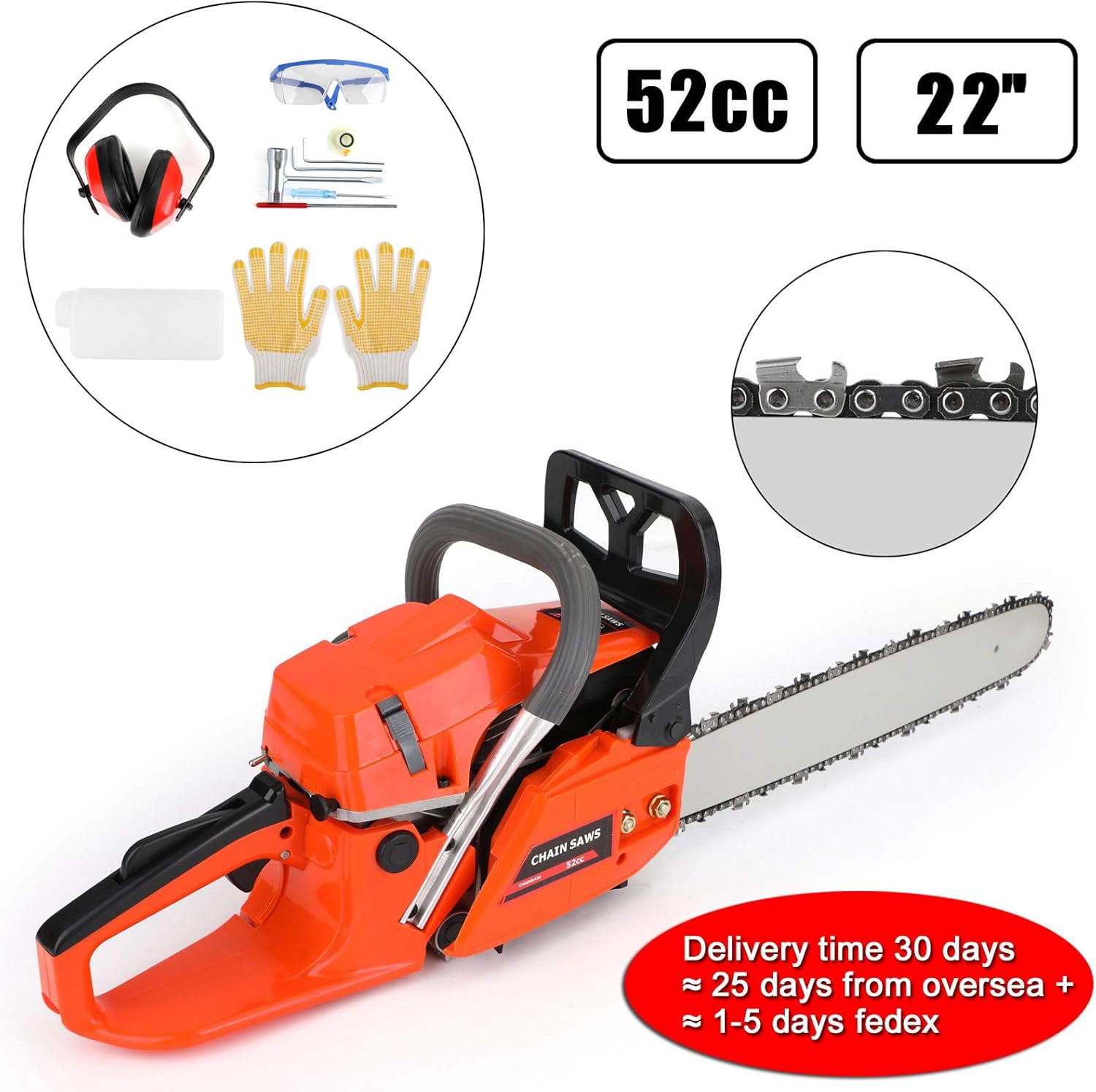 Topteng Gasoline Chainsaw 22 Inch, 52cc Gas Chainsaw 22" Bar Powered Engine 2 Cycle Gasoline Chain Saw, Orange