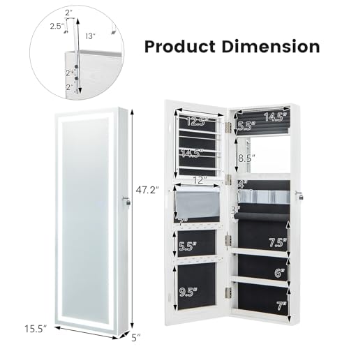 Giantex Jewelry Cabinet Armoire Door Wall Mount, 47.2in Lockable Touch Screen Lighted Full Length Mirror, 3 Lighting Settings, Inside Makeup Mirror, Jewelry Storage Box Organizer (Black)