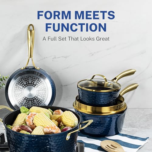 Granitestone 15 Pc Kitchen Pots and Pans Set Non Stick, Pot and Pan Set, Kitchen Cookware Sets, Induction Cookware Set, Non Stick Pots and Pan Set with Lids, Pot Set, Dishwasher Safe, Navy Gold