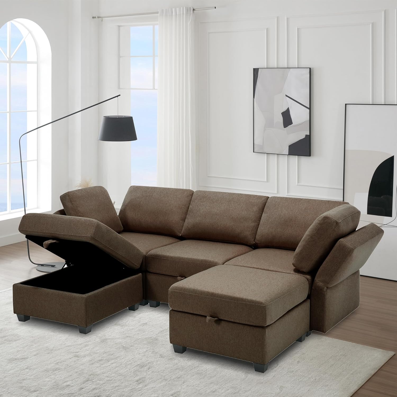 Reversible Sectional Sofa Modern Modular Sectional Couch with Chaise U Shaped Corner Sectional 5 Seater Modular Sofa with Storage Seats, Adjustable Arms and Backs - Brown