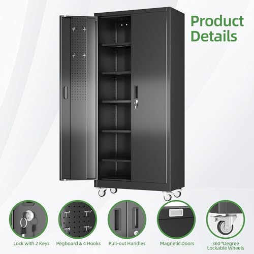 73" H Metal Storage Cabinet with Wheels, Garage Storage Cabinet with 4 Adjustable Shelves and Lockable Doors for Garage Home Office Utility Room,Required Assembly,Black