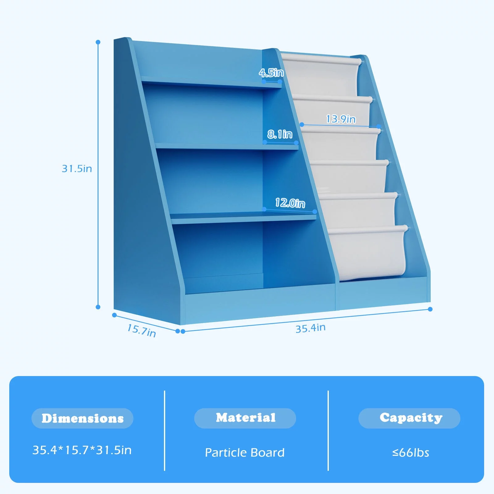 Kids Wooden Bookshelf,5-Layer Sling Bookcase,Storage Display Rack Toy Organizer Cabinet,for Kids Toddlers,Bedroom,Nursery,Blue