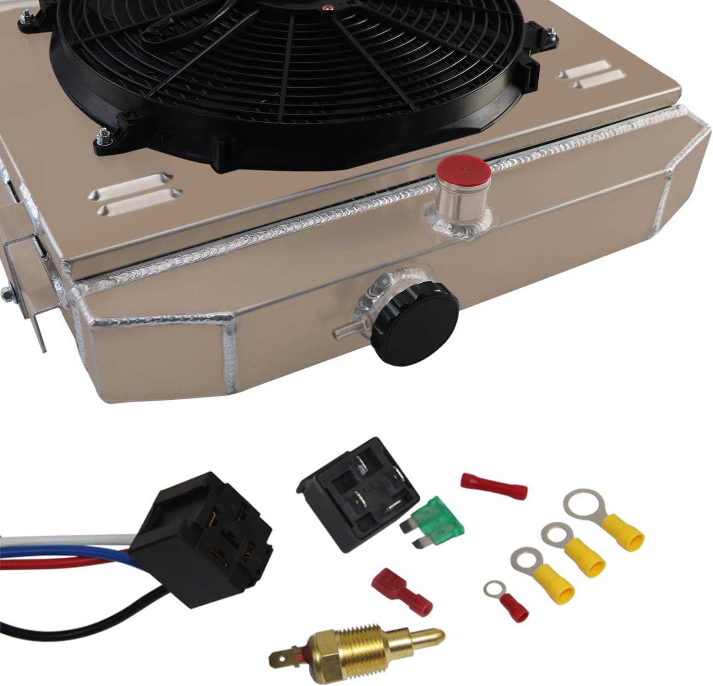 CoolingSnow 4 Row Radiator for Chevy Bel Air Nomad V8 1955 1956 1957 Aluminum Radiators + Shroud fan + Thermostat Relay Kits