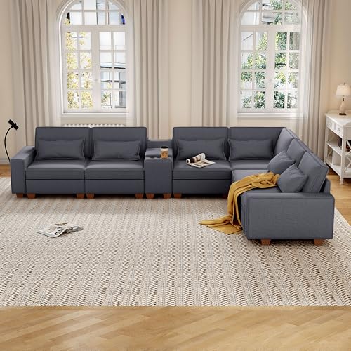 Modular Sectional Sofa, Convertible U Shaped Sofa Couch with Central Console & USB Ports, 7 Seat Modular Sectionals Couch with Chaise and Storage for Living Room, Light Grey