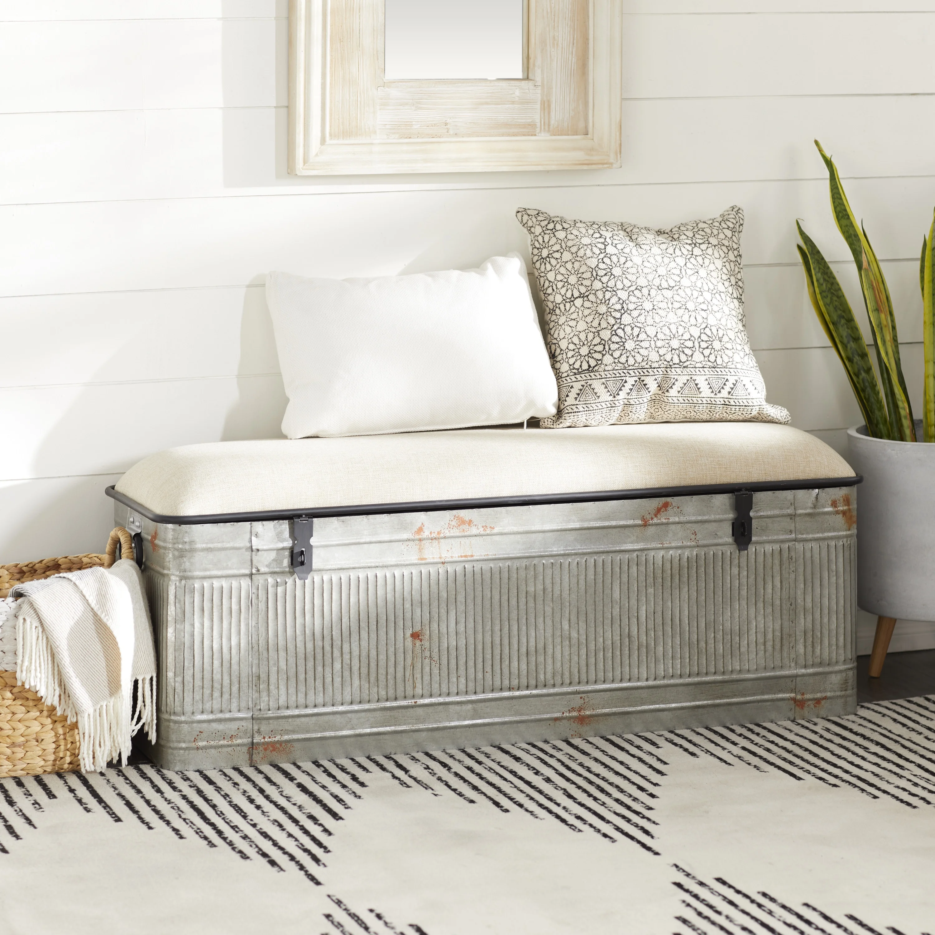 DecMode Metal Galvanized Storage Bench with Cream Burlap Top, Gray