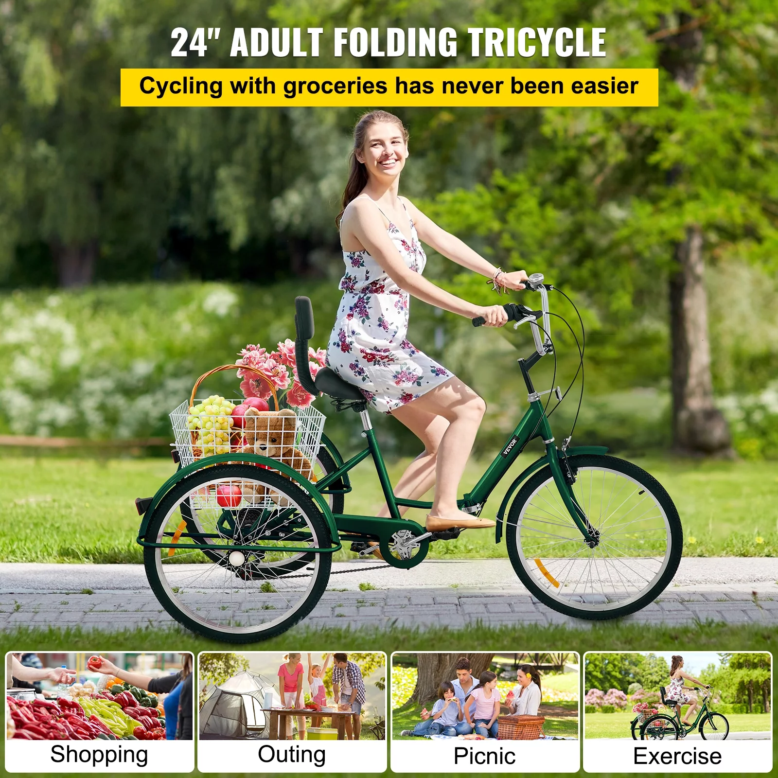 VEVOR Foldable Adult Tricycle 24" Wheels,7-Speed 3 Wheels Trike for Exercise Shopping Picnic Outdoor Activities, Green