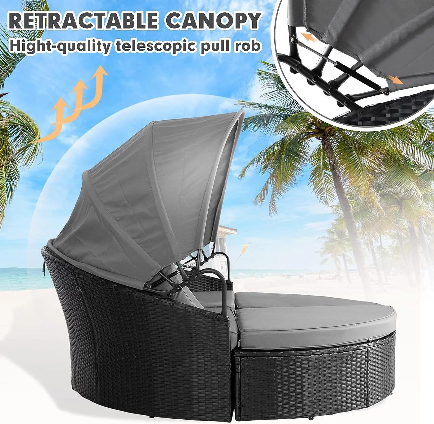 SUNCROWN 4 Piece Outdoor Round Canopy Daybed Black Wicker Patio Furniture Set with Cushions