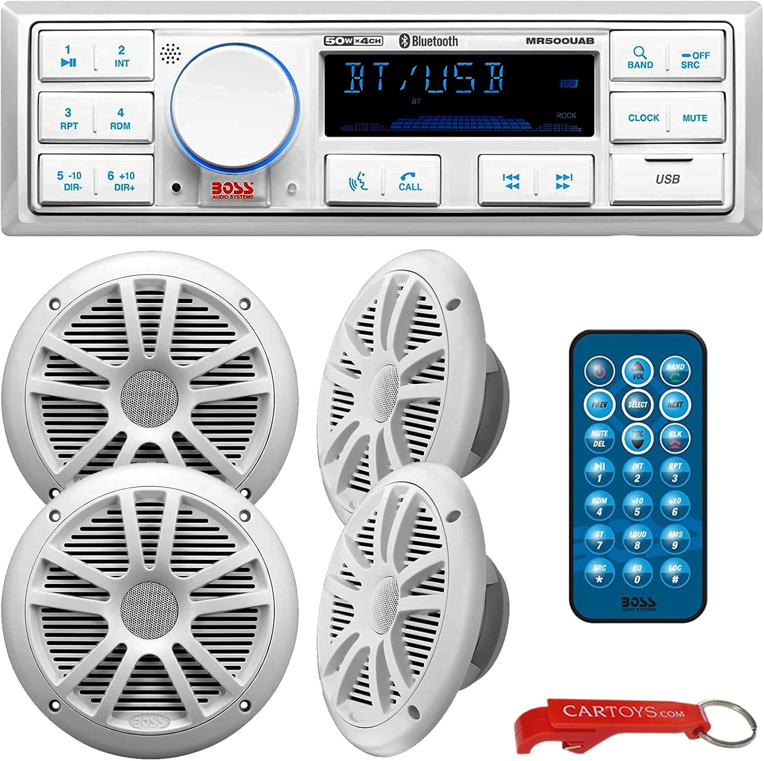 BOSS Audio Systems MR500UAB Marine Stereo & Four Speakers Boat Audio Bundle. IPX 6 Weatherproof Head Unit w/ Bluetooth, USB Input, AM/FM Radio, Aux, Play Music or Streaming Audio Apps from Your Phone