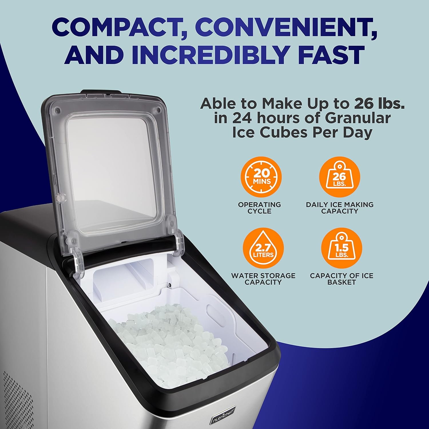 NutriChef Countertop Nugget Ice Maker Machine,Compact Self Cleaning Pellet Ice Machine,Quiet,Fast,and Efficient Icemaker,Stainless Steel Housing,Sleek Design for Indoor Use,Home,RV,